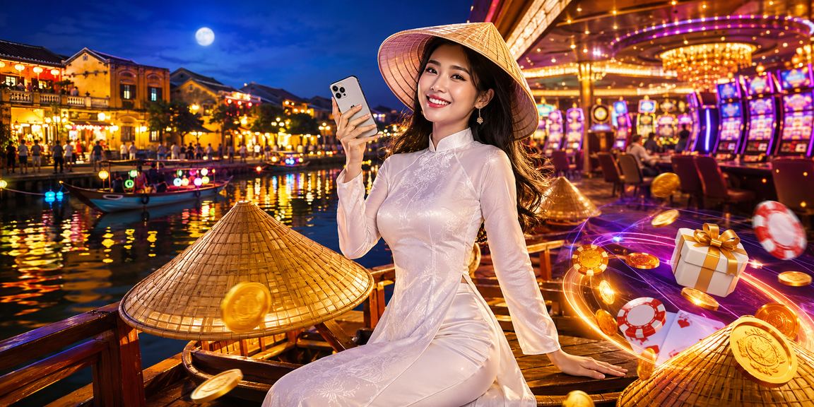 Người dùng đặt cược thể thao qua điện thoại tại Hội An với trang phục áo dài truyền thống