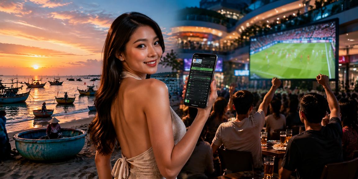 Người dùng thư giãn tại bãi biển Mũi Né trong khi theo dõi kết quả cá cược trên điện thoại